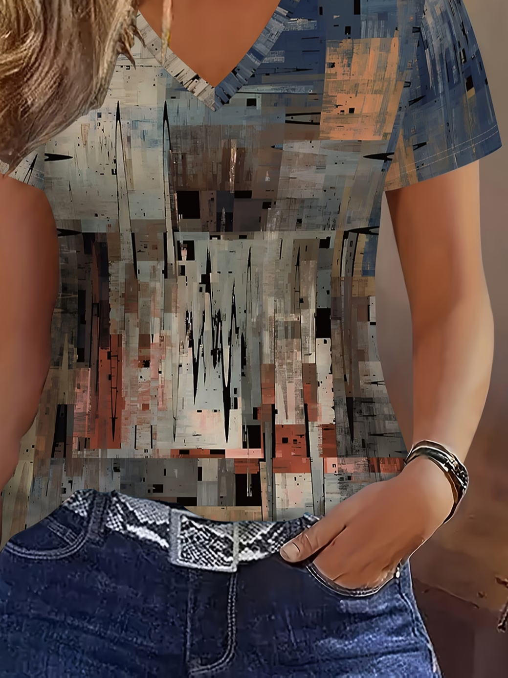 Women's Short Sleeve T-shirt Summer As Picture Abstract Printing V Neck Holiday Going Out Vintage Top