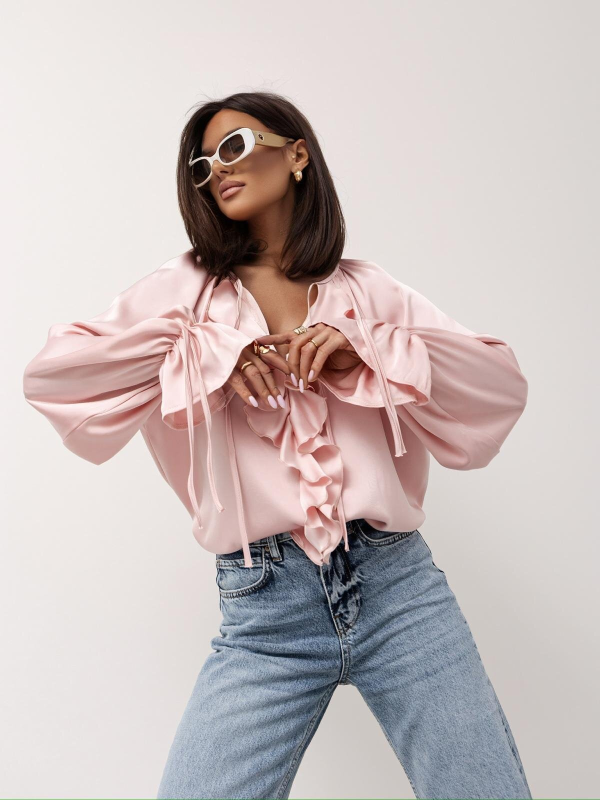 Women's Elegant Ruffled Flared Sleeve V-Neck Lace-up Blouse