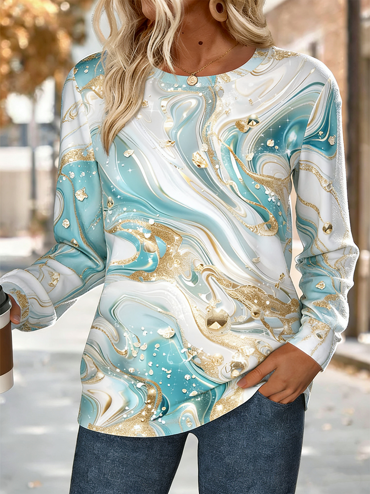Chevron Cotton-Blend Casual Crew Neck Sweatshirt