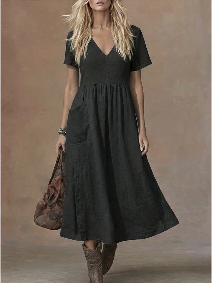 Elegant V Neck Short Sleeve Side Button Pocket Casual Midi Dress