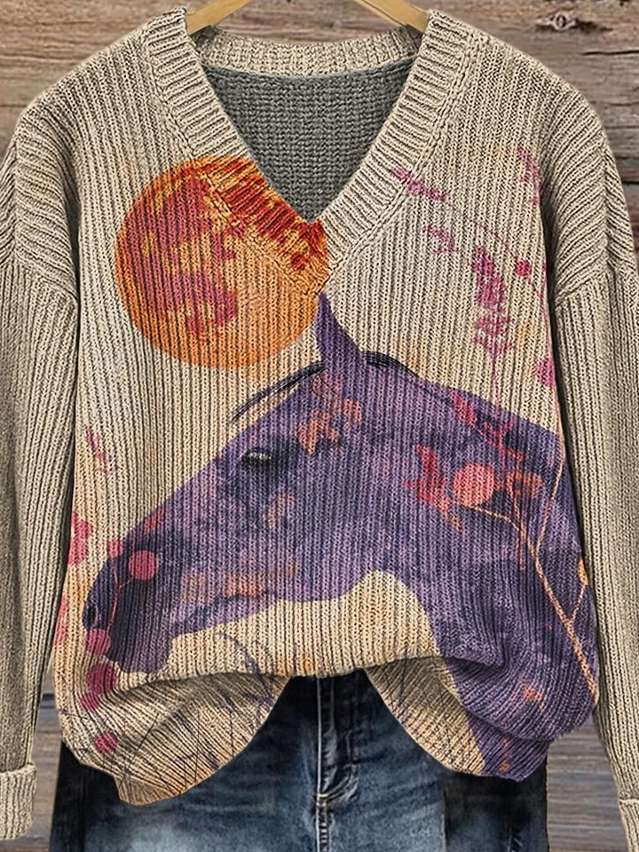 V Neck Ethnic Animal Picture Loose Sweater