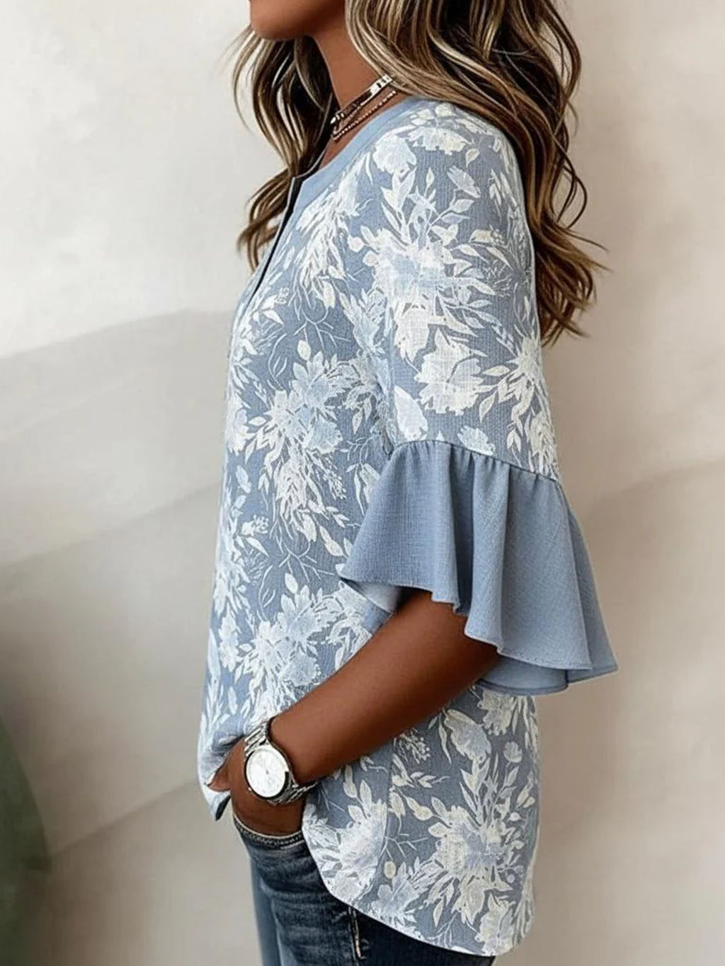 Vintage V Neck Half Sleeve Ruffle Cuff Blue Floral Pattern Casual Loose Blouse
