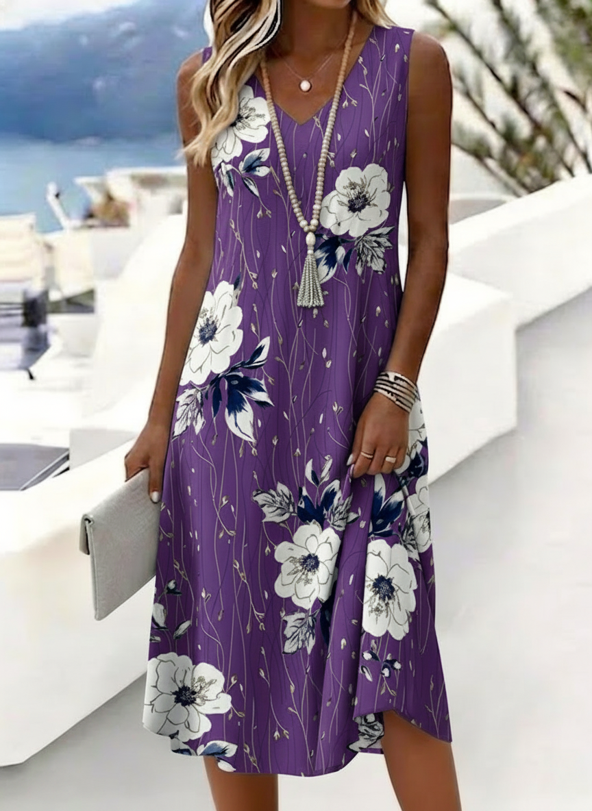 Women's Bold White Floral Print Sleeveless V-Neck Midi Dress Blue Casual Summer Tank Dress