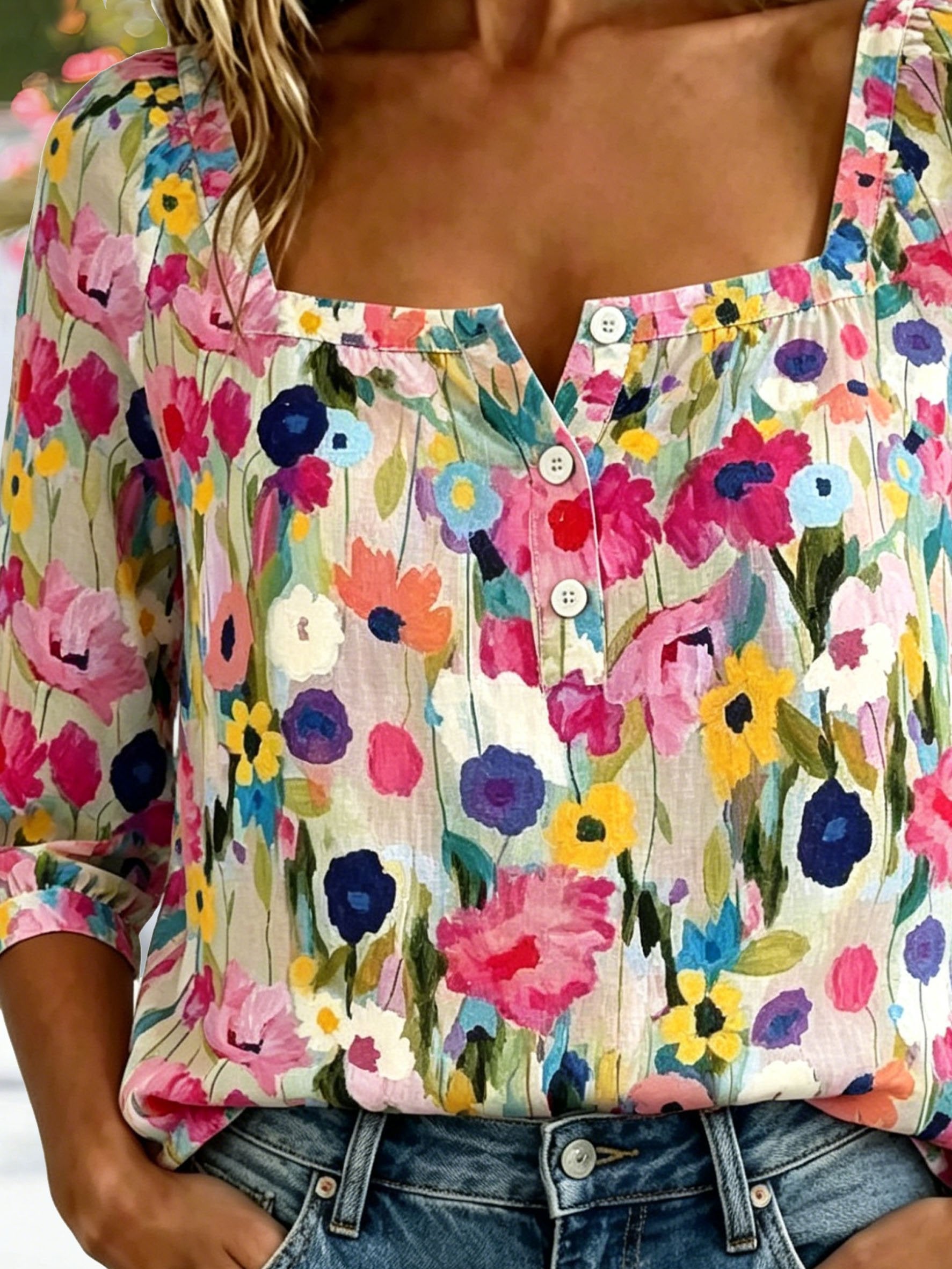 Women's Three Quarter Sleeve Blouse As Picture Floral Printing Square Neck Daily Going Out Vintage Top