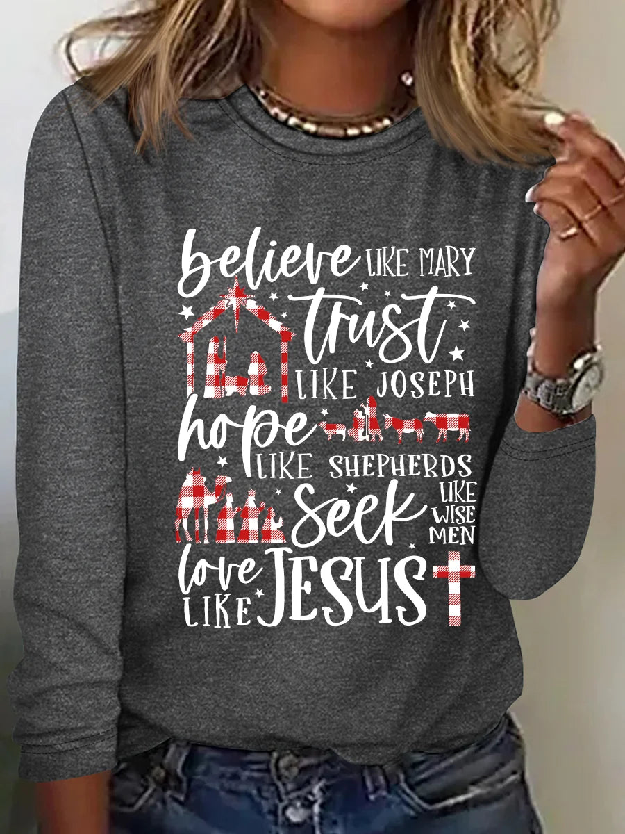Believe Uke Mary Trust Like Joseph Hope Like Shepherds Seek Love Casual Long Sleeve Shirt