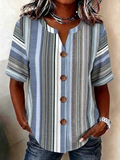 Striped Linen Blend Stand Collar Simple Loose Shirt