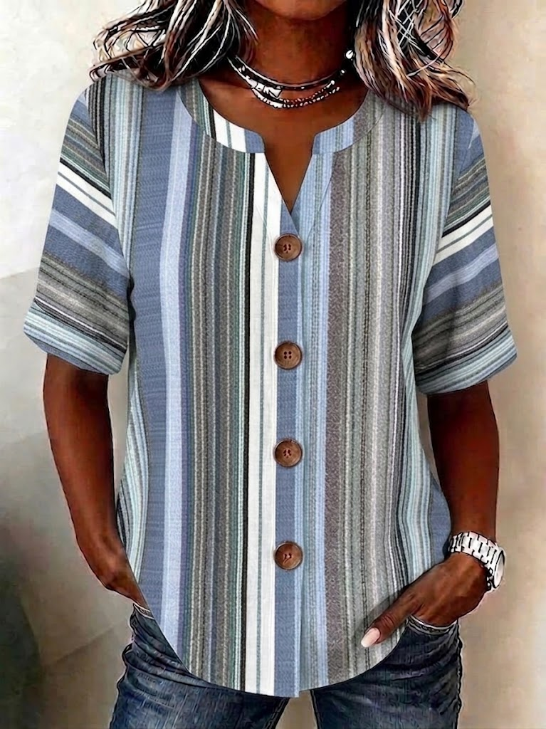 Striped Linen Blend Stand Collar Simple Loose Shirt