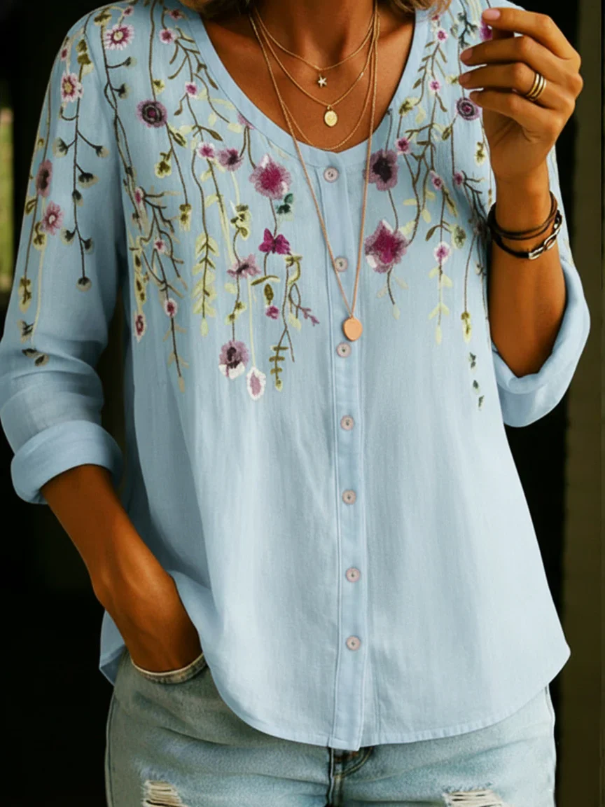 Women’s 3D Floral Print Button-Up Long Sleeve blouse