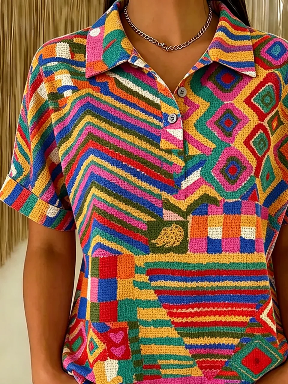 Loose Geometric Vintage Polo Collar T-Shirt