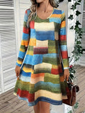 Vibrant Patchwork Print Long Sleeve Round Neck A Line Flowy Mini Dress Casual Swing Dress