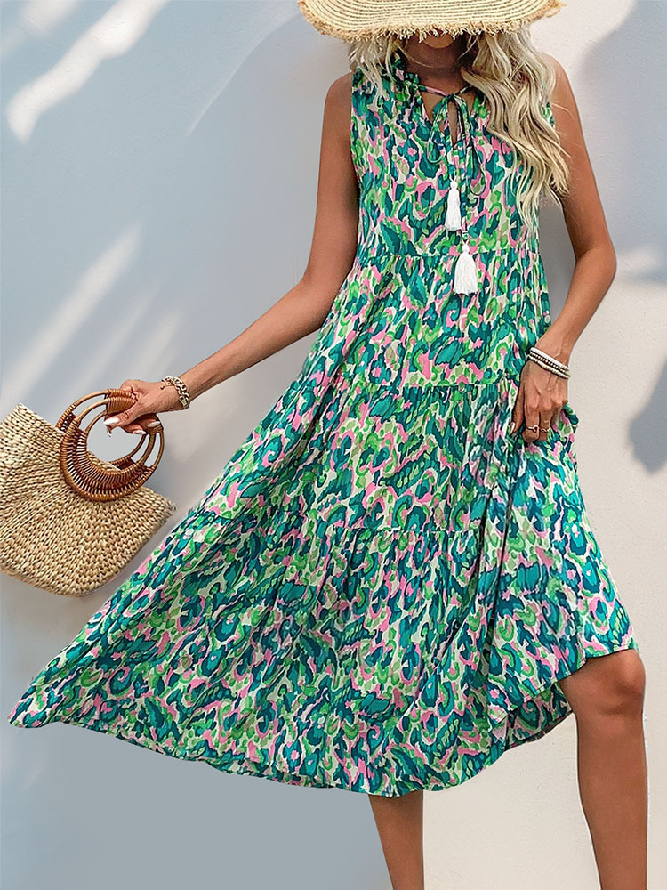 Ethnic Geometry Casual Viscose V Neck Sleeveless Vacation Summer Elegant Maxi Dress