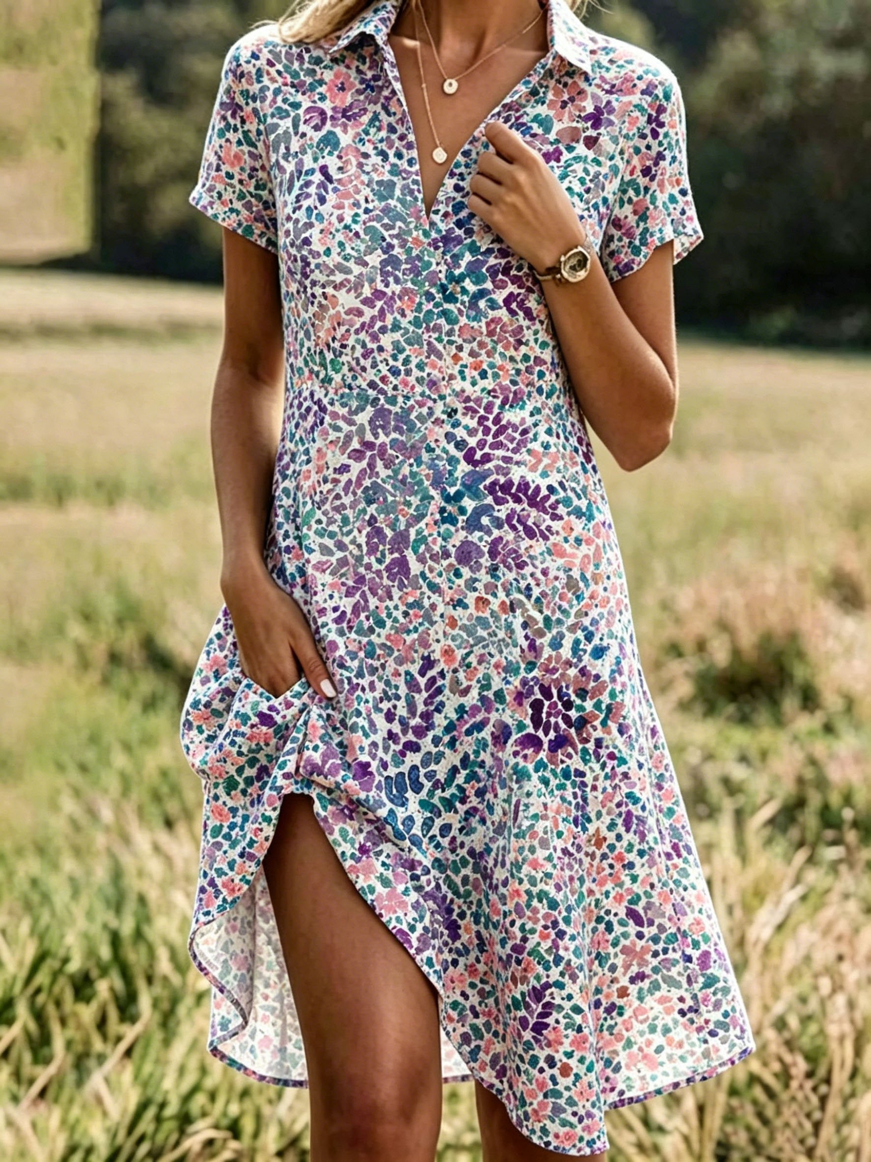 Regular Fit Floral Shirt Collar Vacation Dress With No