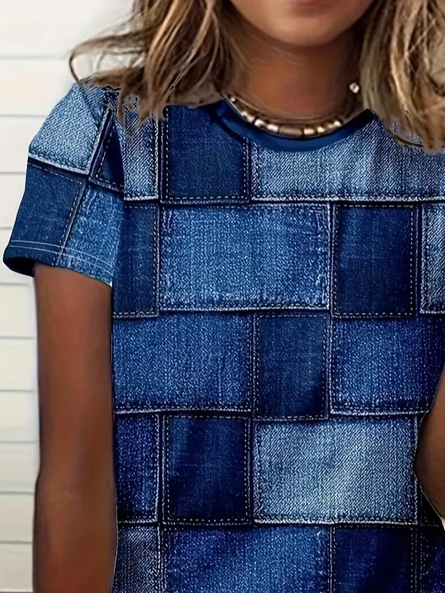 Women's Short Sleeve T-shirt Summer Blue Faux Denim Print Graphic Printing Jersey Crew Neck Daily Going Out Casual Top