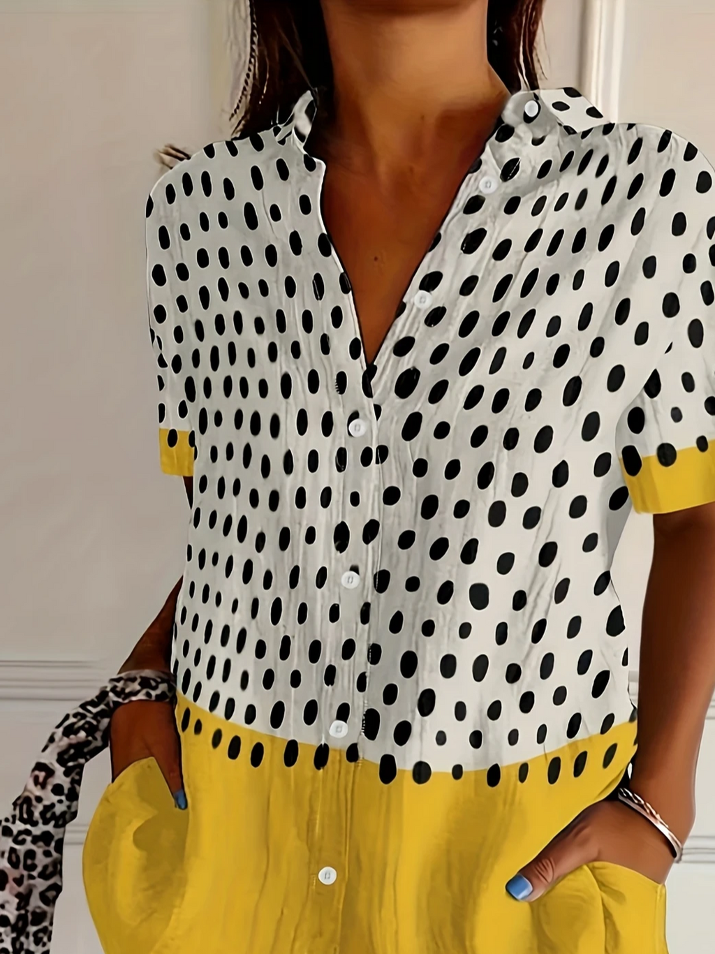 Women's Short Sleeve Shirt Summer Yellow Abstract Polka Dots Printing Shirt Collar Daily Going Out Casual Top