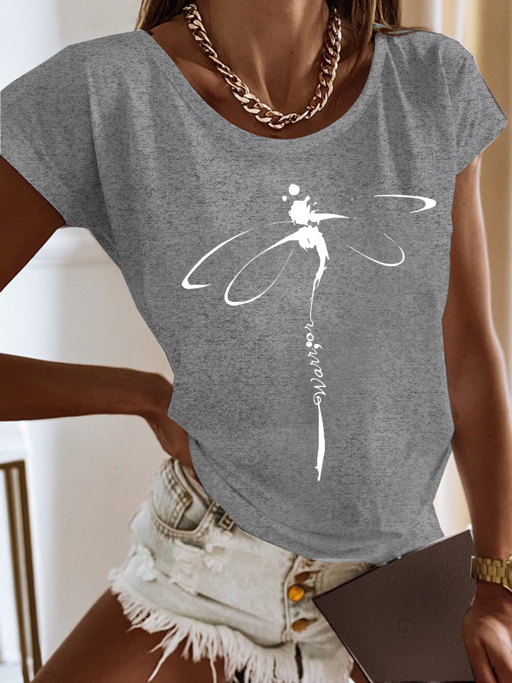 Basic Casual Loose Dragonfly Logo Crew Neck Jersey Short Sleeves T-Shirt