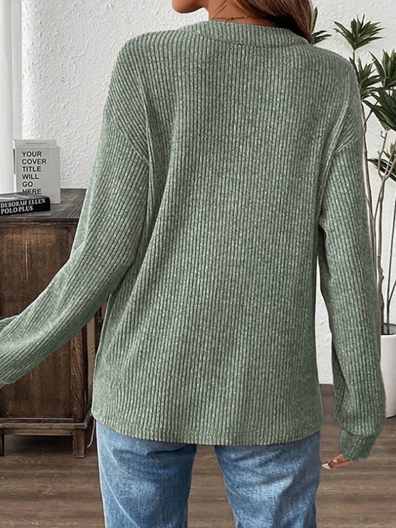 Women's Long Sleeve T-shirt Spring/Fall Aqua Plain Buckle Cotton-Blend V Neck Daily Going Out Casual Top
