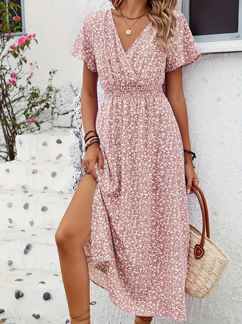 Floral Printed V Neck Short Sleeve Smock Detail Spring Summer Casual Maxi Dress