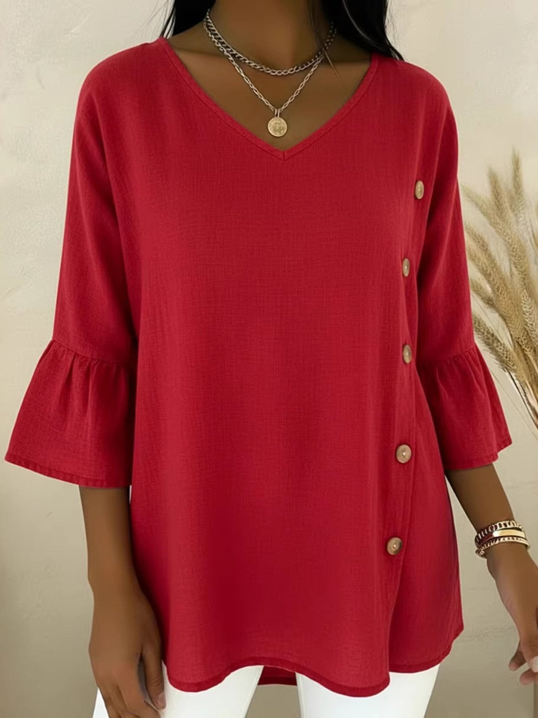 V Neck Button Design The Quarter Sleeve Elegant Blouse
