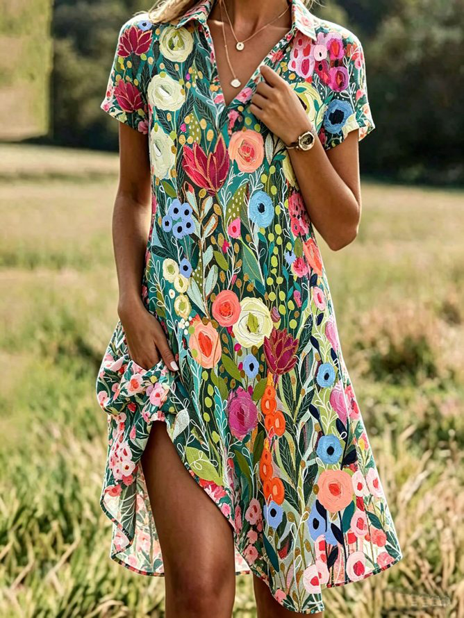 Shirt Collar Colorful Floral Vacation Regular Fit Dress With No