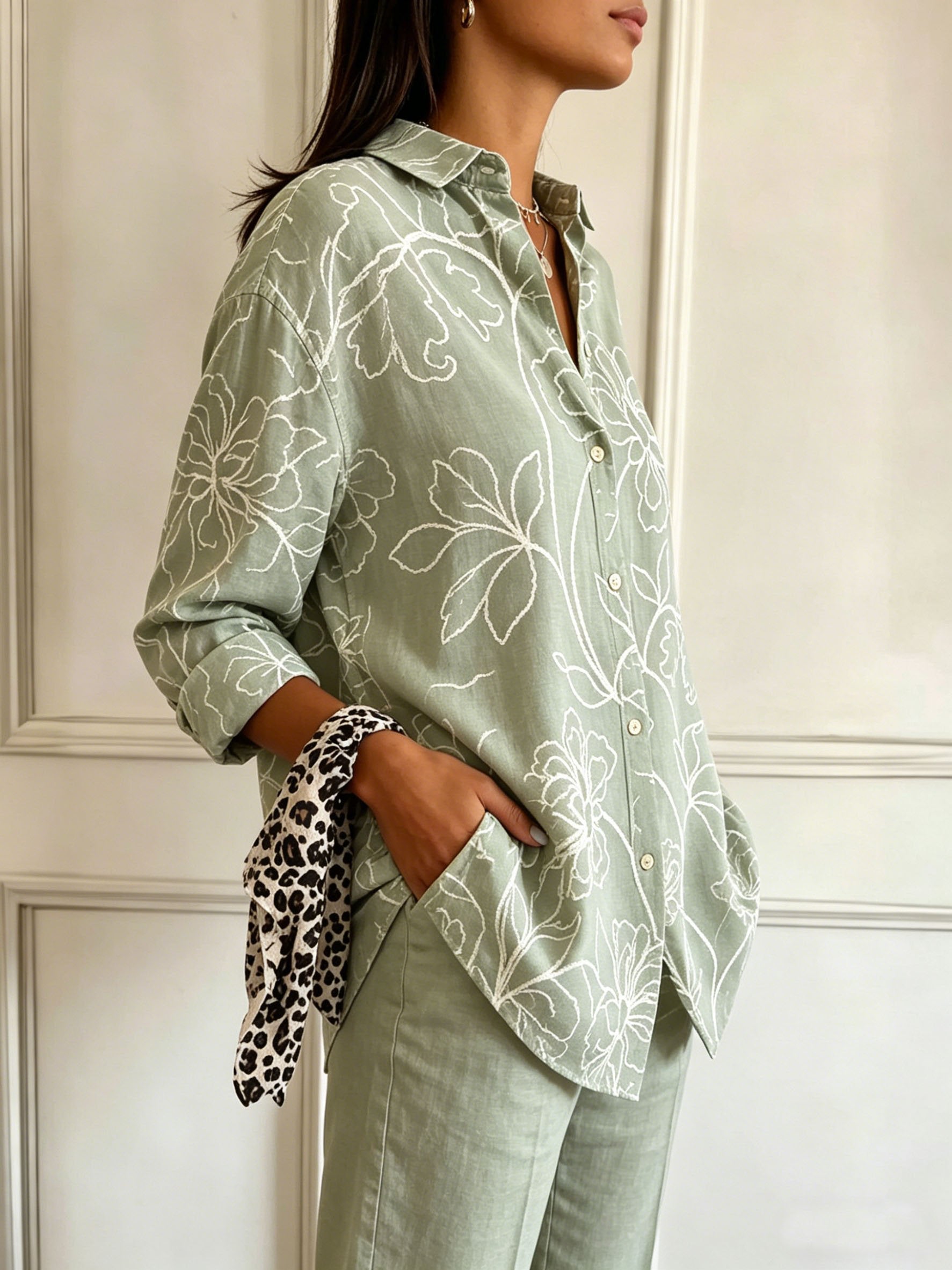 Vintage Botanical Print Shawl Collar Linen Blend Casual Shirt