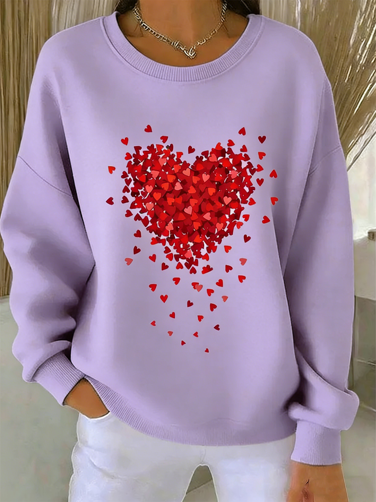 Valentine's Day Crew Neck Simple Cotton-Blend Sweatshirt