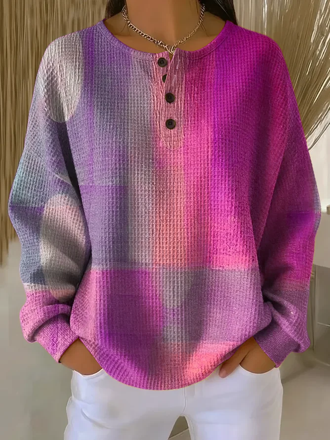 Women's Abstract Print Button-Up Casual Waffle Knit Sweatshirt