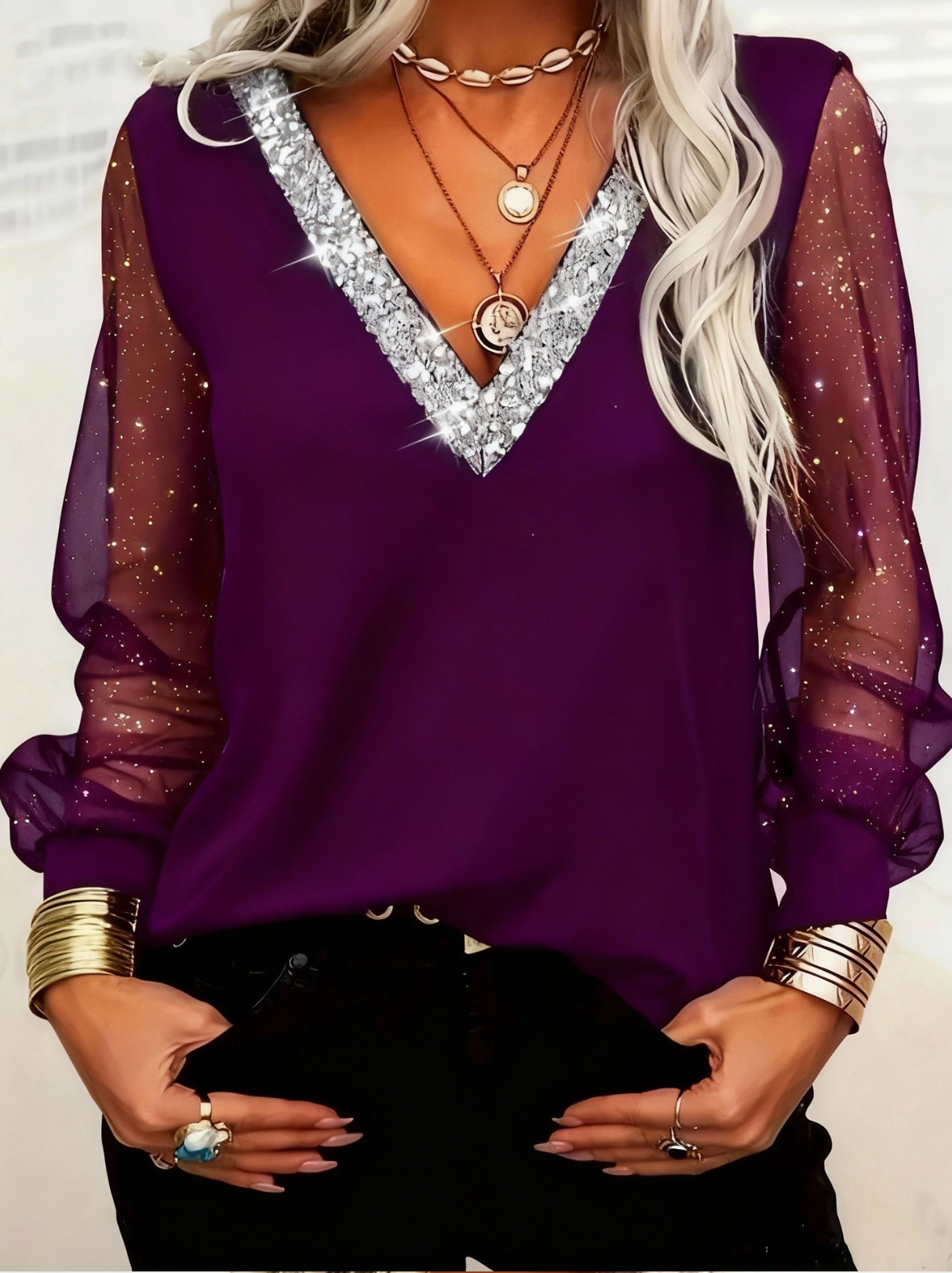 Plain Long Sleeve V Neck Mesh Block Elegant Blouse
