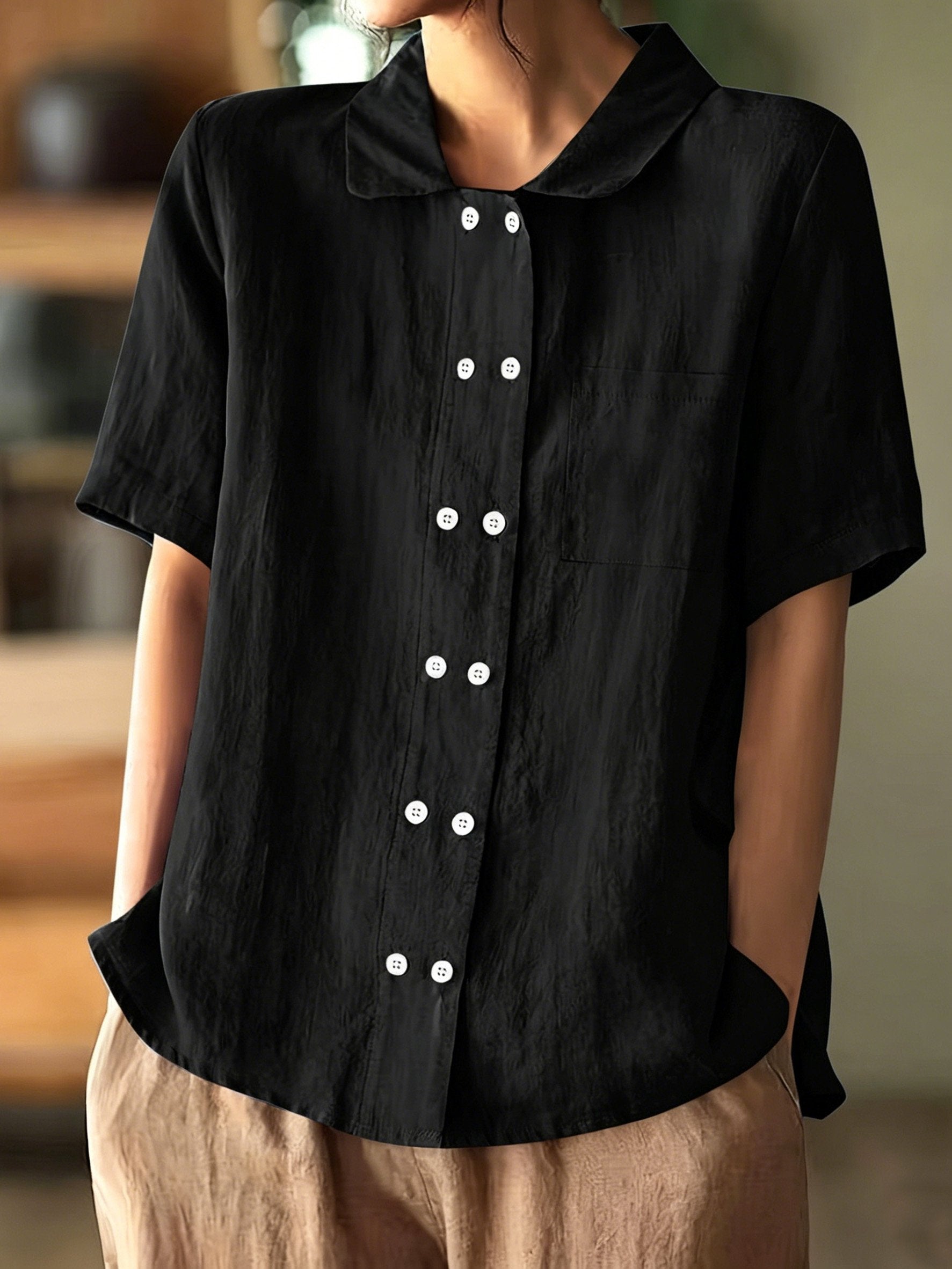 Loose Plain Cotton And Linen Double Button Shawl Collar Short Sleeve Daily Going Out Casual Shirt