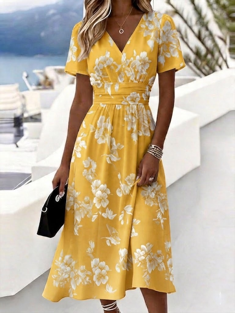 Women’s Light Blue Floral Print Wrap V Neck Midi Dress Boho Summer Dress