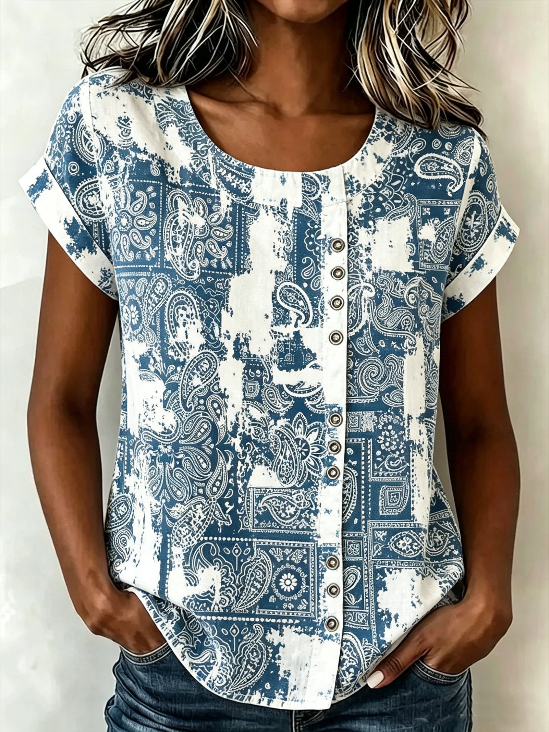 Paisley Casual Linen Blend Crew Neck Loose Casual Top