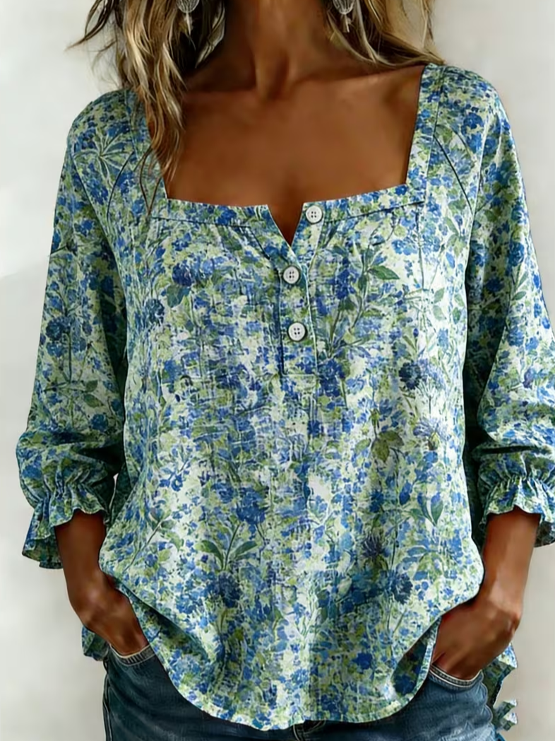 Women's Three Quarter Sleeve Blouse Spring/Fall Blue Floral Printing Square Neck Daily Going Out Vintage Top