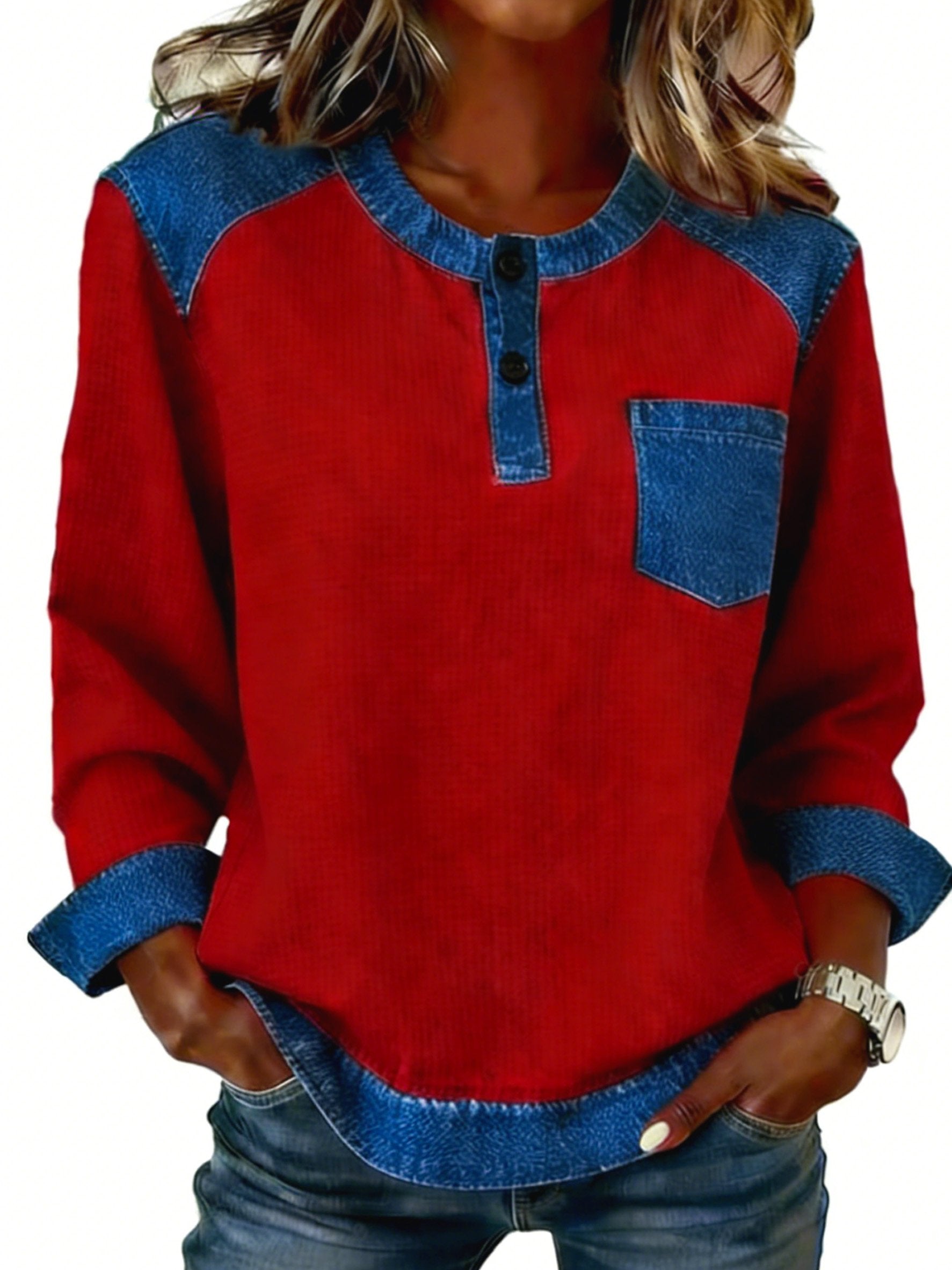 Denim Color Block Crew Neck Half Placket Long Sleeve Patch Pocket Casual Blouse