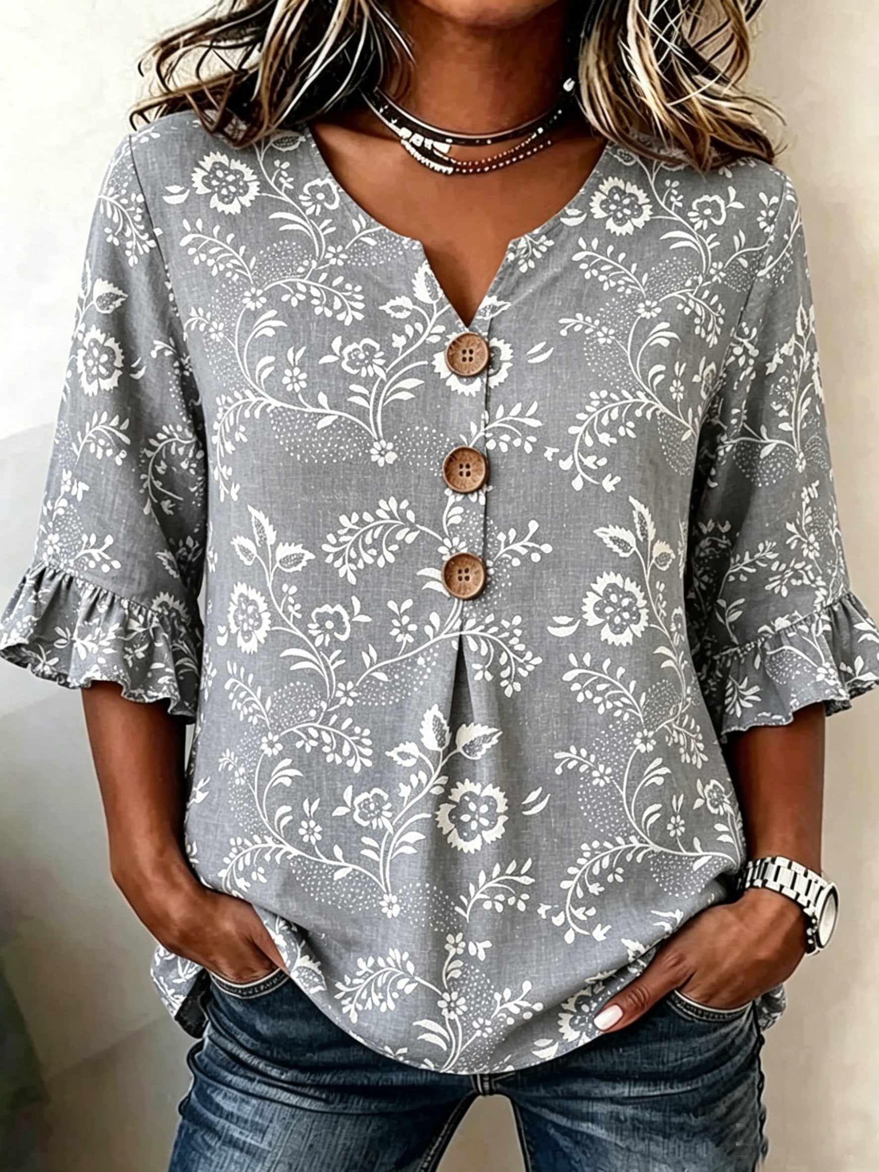 Women's Denim Blue Floral Half Sleeve Blouse Summer White Plain Peplum V Neck Button Daily Going Out Vintage Top
