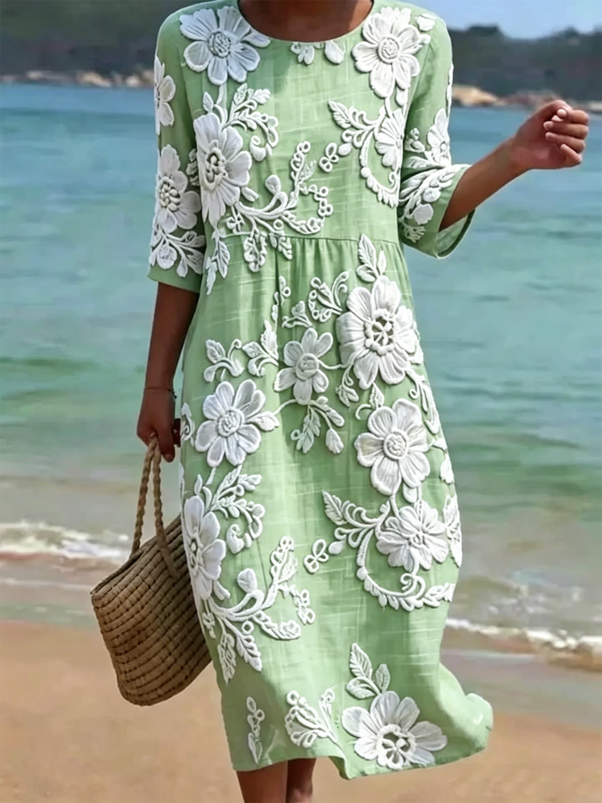 Light Blue Floral Print Half Sleeve Round Neck Midi Dress