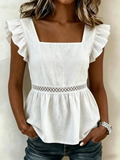 Vacation Plain Cotton-Blend Petal Sleeve Others Shirt