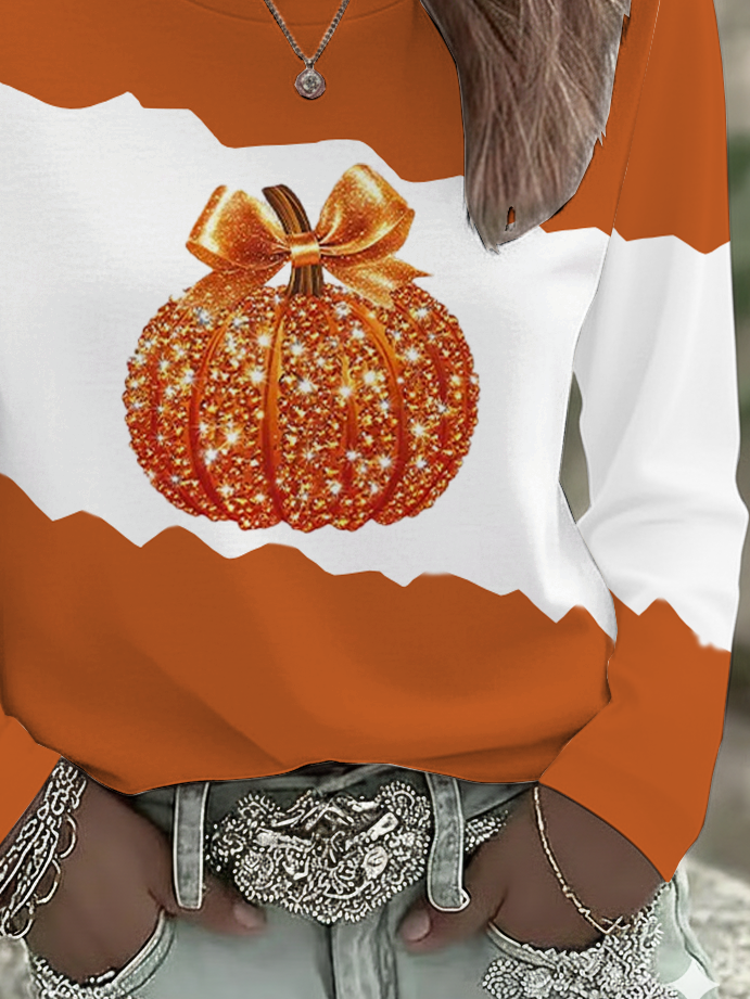Women's Long Sleeve T-shirt Spring/Fall Orange Halloween (pumpkin) Printing Jersey Crew Neck Daily Going Out Casual Top