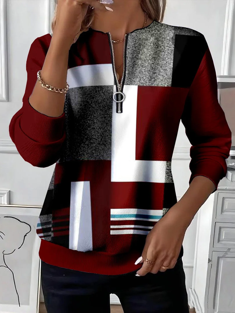 Women's Abstract Print Casual Zipper Long Sleeve Sweatshirt