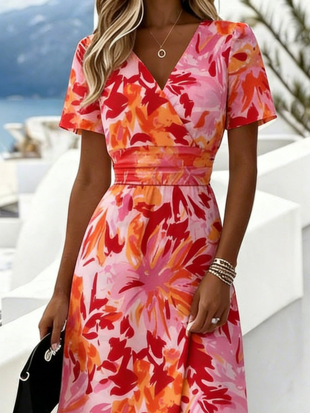 Abstract Floral Printed V Neck Short Sleeve Summer Casual Maxi Dress