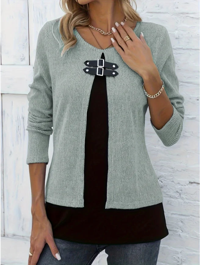 Color Block Casual Loose Crew Neck Blouse
