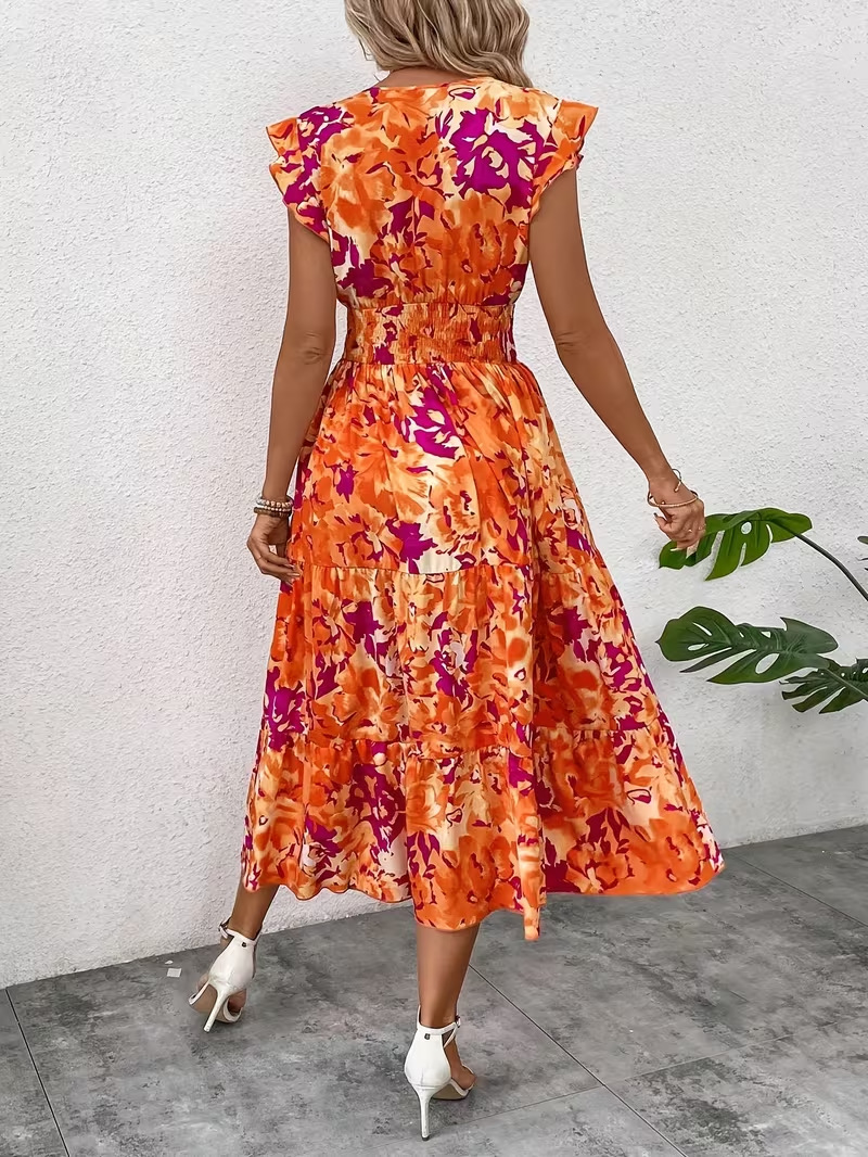 Abstract Foloral Print V Neck Ruffle Sleeve Smock Vacation Summer Going Out Maxi Dress