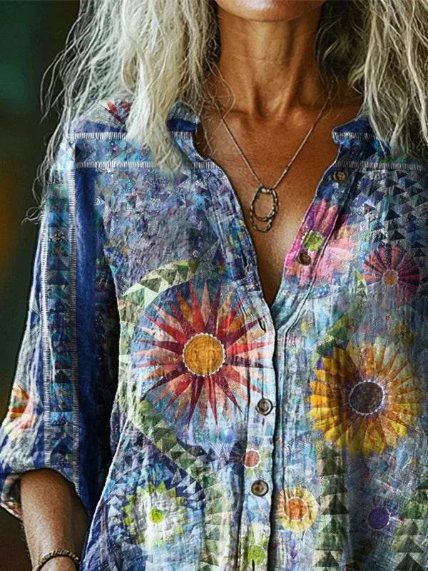 Women's Vintage Bohemian Floral Art Print Casual Cotton Linen Shirt