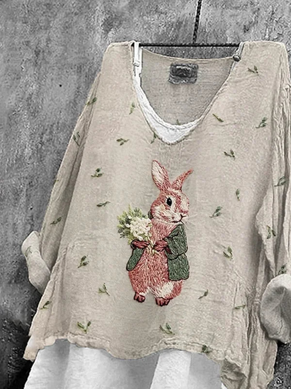 Women's Long Sleeve Blouse Spring/Fall As Picture Easter (rabbit) Printing V Neck Daily Going Out Casual Top
