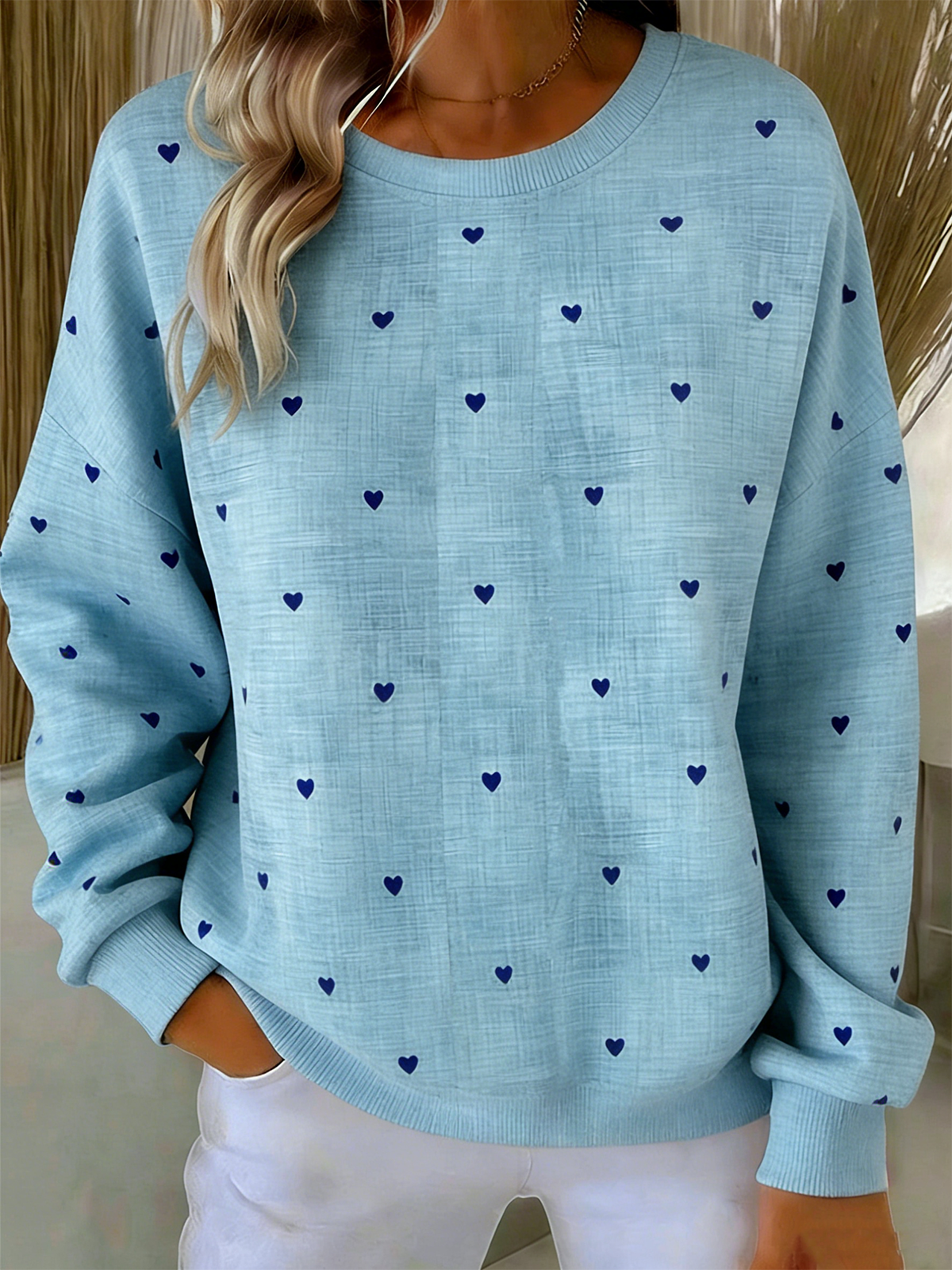 Crew Neck Cotton-Blend Heart/Cordate Simple Sweatshirt