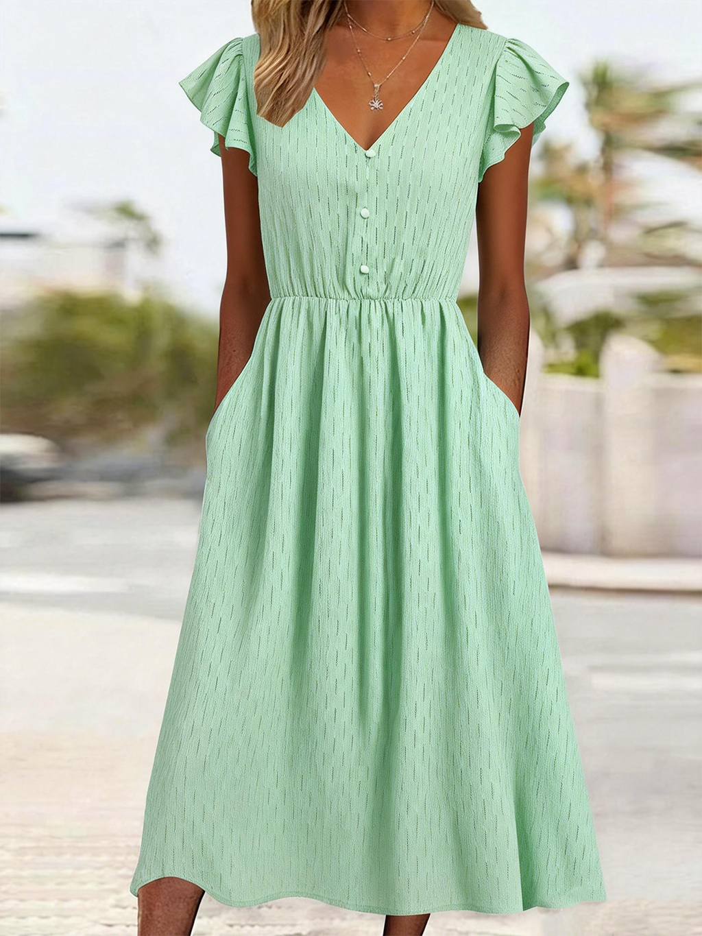 Elegant Loose Plain V Neck Dress With No