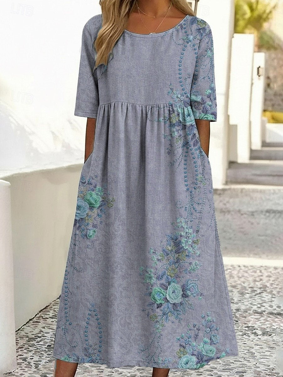 Crew Neck Vintage Loose Floral Dress With No
