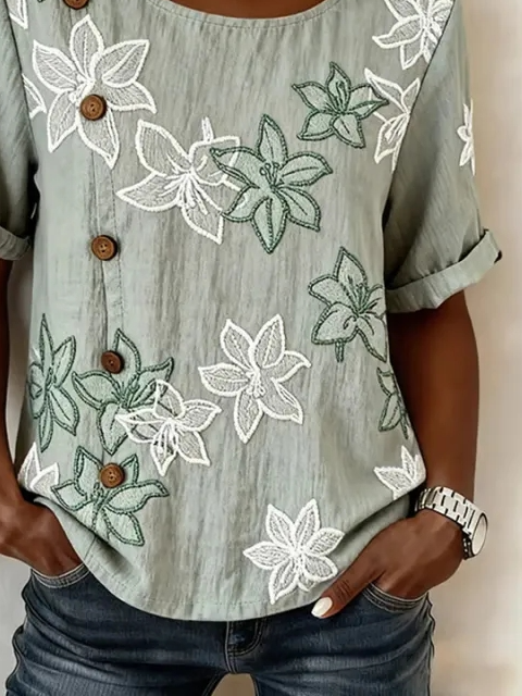 Loose Linen Blend Elegant Crew Neck Shirt