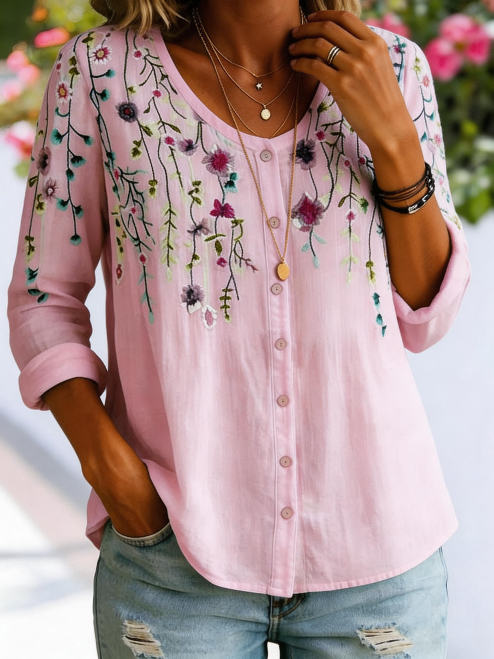 Women’s 3D Floral Print Button-Up Long Sleeve blouse