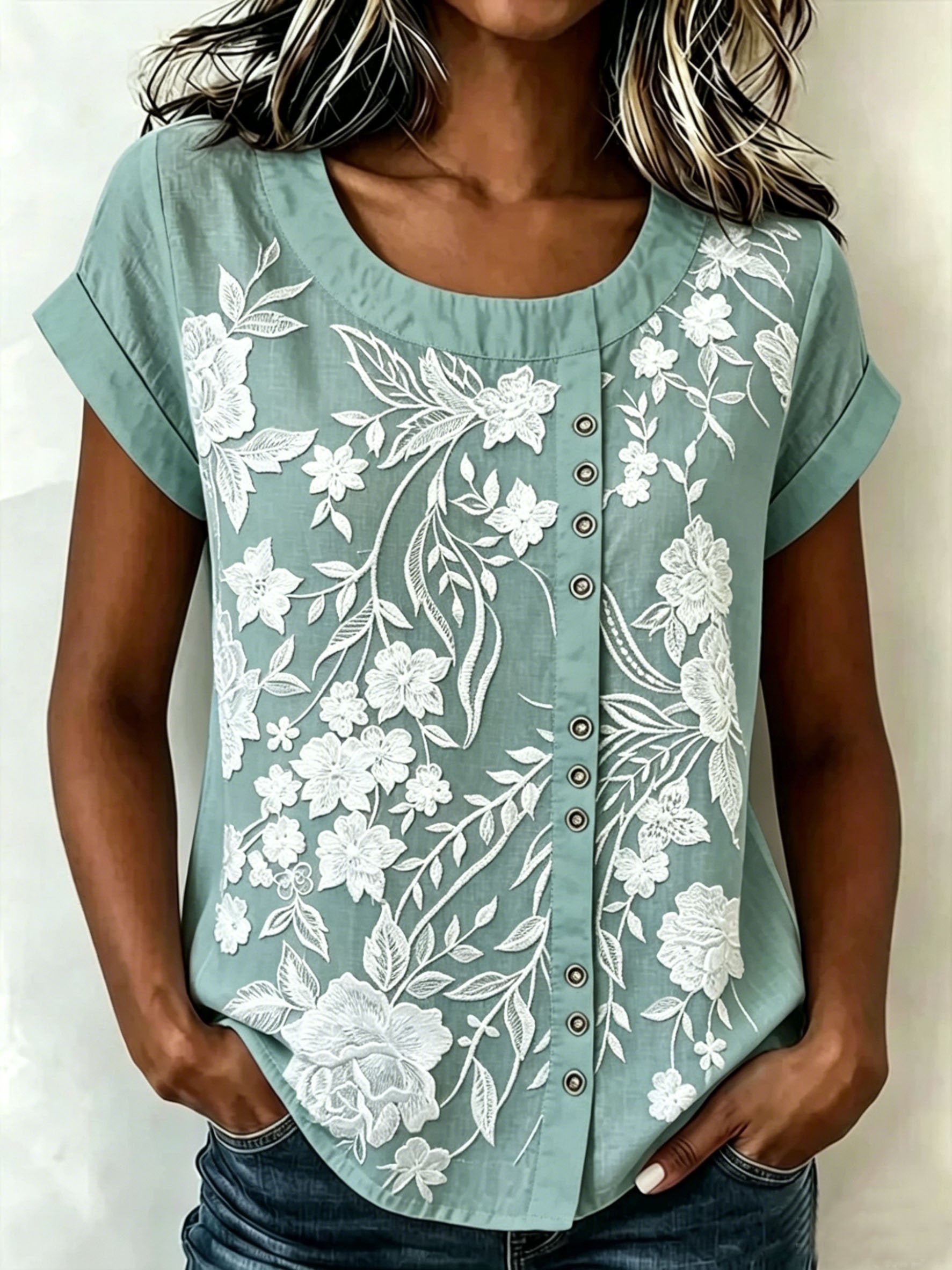 3D Printing Casual Linen Blend Crew Neck Loose Casual Top