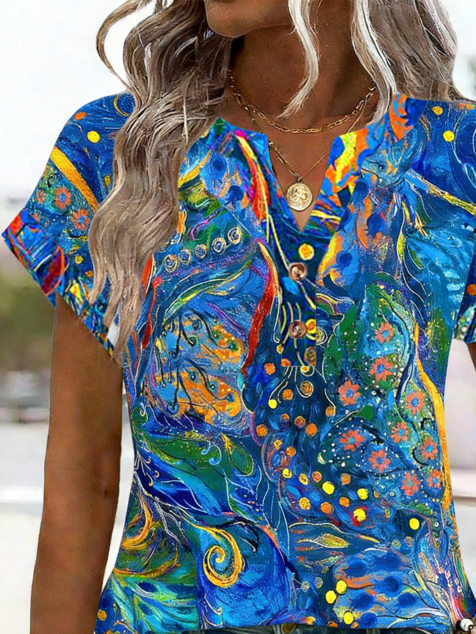 V Neck Elegant Psychedelic Art Cotton T-Shirt