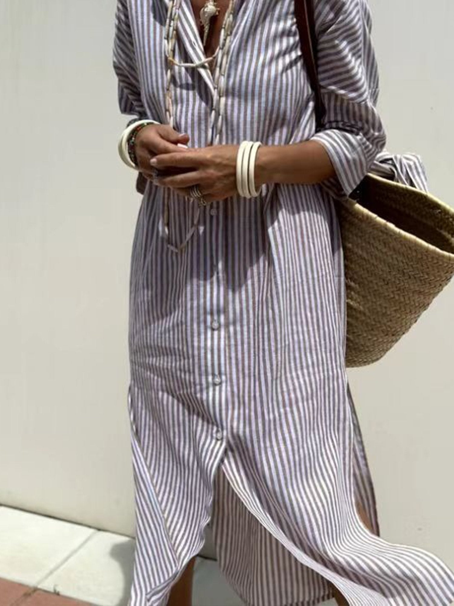 Casual Striped Shirt Collar Midi Dress